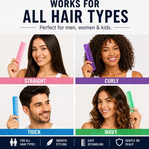 Miniatura 4 de Juego de 6 peines profesionales de 9 pulgadas con dientes finos y anchos, peine de peluquería duradero para hombres y mujeres, desenredante, corte