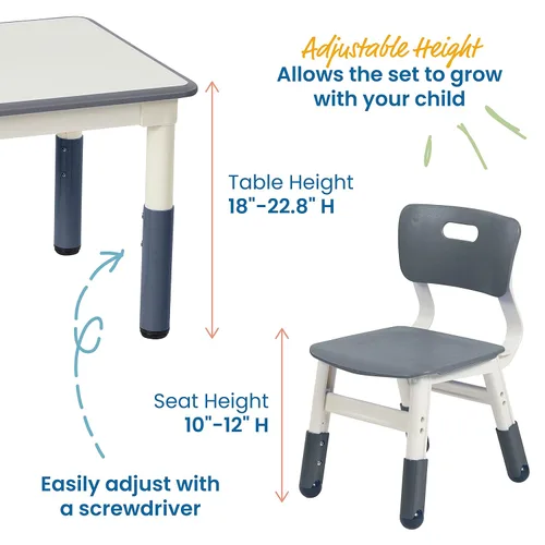 Miniatura 3 de ECR4Kids Mesa de actividades rectangular de borrado en seco con 2 sillas, ajustable, muebles para niños, gris, 3 piezas