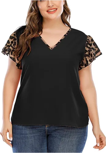 PIMOXV Blusas de verano con cuello en V para mujer, talla grande, con volantes, manga corta de leopardo, bloque de color, estilo casual, de retazos