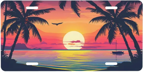 Miniatura 31 de Placa personalizada de licencia, placas decorativas personalizadas para el frente del automóvil con palmeras de playa y océano, placas de licencia