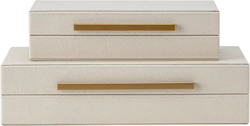 Miniatura 11 de Juego de 2 cajas de almacenamiento decorativas de cuero granulado beige con asas de metal negro – Cajas para joyas y recuerdos de cuero sintético