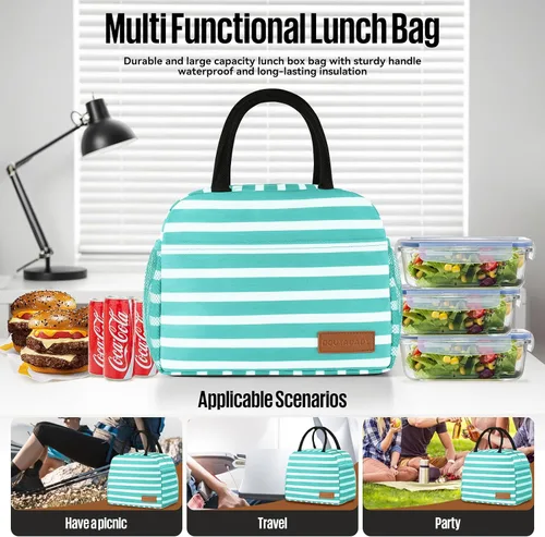 Miniatura 3 de douyadady Bolsa de almuerzo para mujeres/hombres, fiambrera mujeres/hombres (azul bebé+rayas blancas)