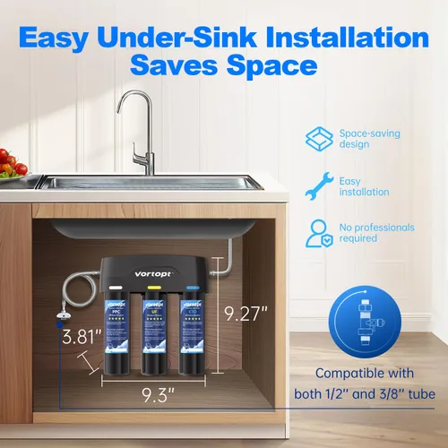 Miniatura 5 de Vortopt F03 - Sistema de filtro de agua para debajo del fregadero, filtración UF de 3 etapas de 0.01 micrones con alto flujo, reduce el cloro