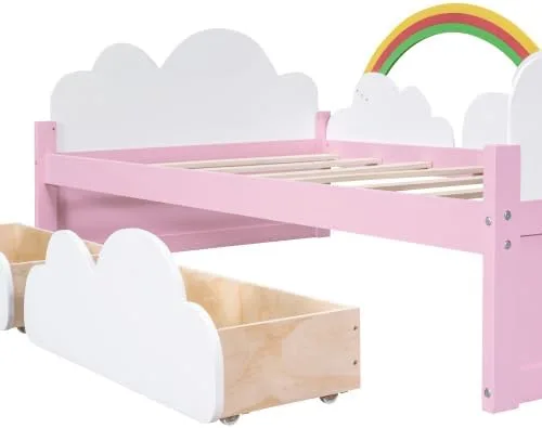 Miniatura 7 de Cama de tamaño individual con nubes – Base de cama artística con elementos del cielo y toque verde – Perfecto para niñas – Cama divertida e