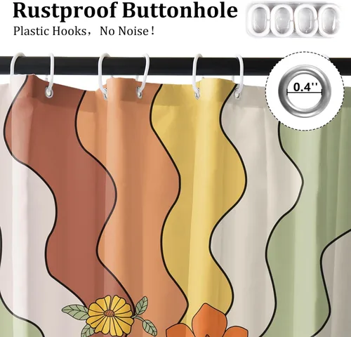 Miniatura 2 de Renaiss Juego de cortinas de ducha de 60 x 72 pulgadas, diseño de hongos bohemios, retro de los años 70, flores naranjas florales, divertidas