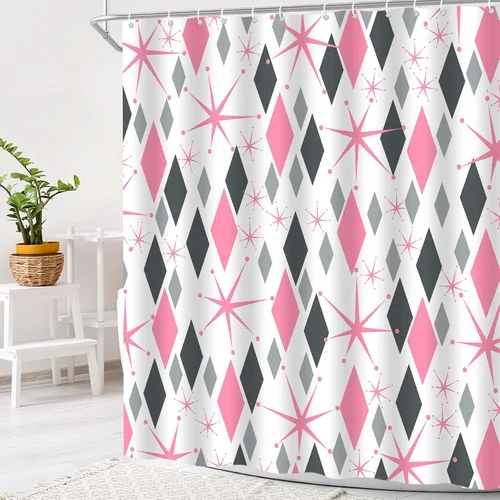 Cortina de ducha de mediados de siglo, retro, abstracta, geométrica, atómica, moderna, rosa, gris, vintage, años 50, 60, minimalista, bohemio,