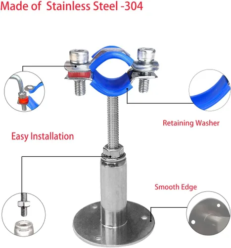 Miniatura 4 de Soportes de tubería de montaje en techo para montaje en pared, abrazaderas de tubo ajustables, perchas, acero inoxidable 304, 2 piezas adecuadas