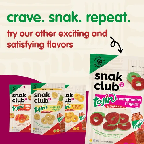 Miniatura 7 de Snak Club Tajin Anillos de Manzana Gomitas de Caramelo, Gomitas de Fruta con Sabor a Chile y Lima, Snacks Leves, Sin Gluten y Veganos, 5 oz Bolsas