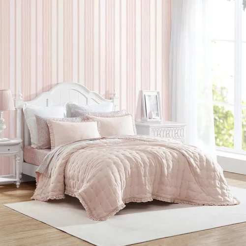Laura Ashley Juego de edredón individual, ropa de cama ultrasuave con funda a juego, decoración de habitación rosa con volantes, artículos