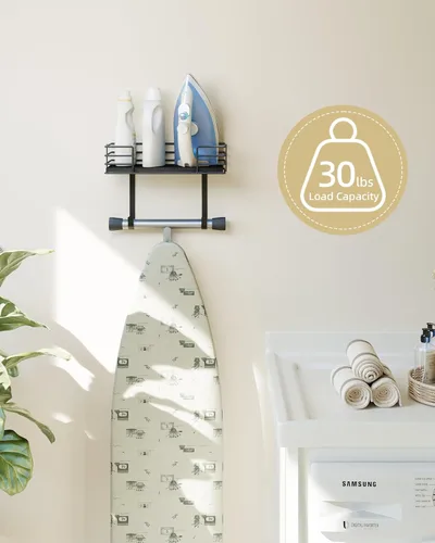 Miniatura 2 de Soporte para tabla de planchar de pared, colgador de metal para tabla de planchar con estante, decoración de cuarto de lavado y accesorios, soporte