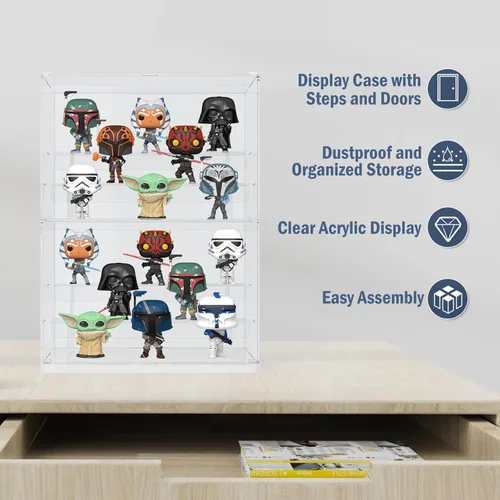 Miniatura 8 de Vitrina de acrílico de 2 niveles para coleccionables, cajas de exhibición transparentes con estantes y puerta, escaparate de minifiguras de encimera