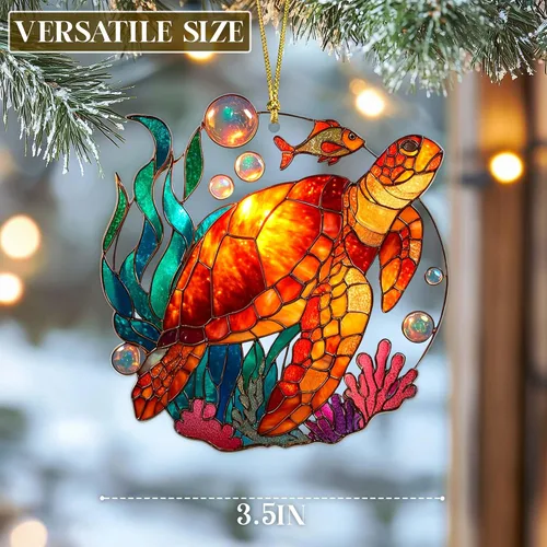 Miniatura 6 de Adorno Colgante Plano 2D de Vidrio Manchado Falso de Tortuga de Acrílico, Adorno de Tortuga Marina, Adornos de Tortuga para Árbol de Navidad, Regalo