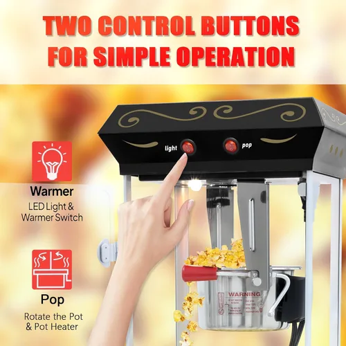 Miniatura 6 de Máquina de palomitas de maíz con carrito y ruedas, máquina para hacer palomitas de maíz con hervidor de acero inoxidable de 8 onzas, máquina de maíz