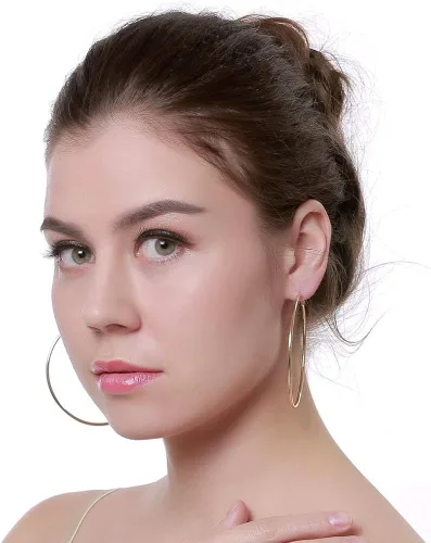 Miniatura 5 de Delicados aretes de aro grandes de plata de oro amarillo de 14 quilates de 2.756in para mujeres y niñas, con orejas sensibles, circulares redondos