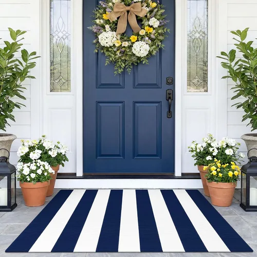 Miniatura 27 de KOZYFLY Alfombra a rayas blancas y negras de 2 x 3 pies, tejido de algodón, lavable, para interiores y exteriores, alfombra pequeña para puerta
