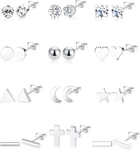 Ofeiyaa - Colección de 12 pares de aretes geométricos tipo dormilona de acero inoxidable con forma de estrella, luna, cruz, bola, triángulo, corazón