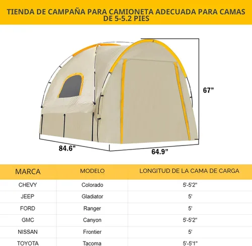 Miniatura 2 de Tienda de campaña para camioneta con toldo de sombra, impermeable PU5000mm Oxford para caja de camioneta de 5 a 5.2 pies para camping, viajes
