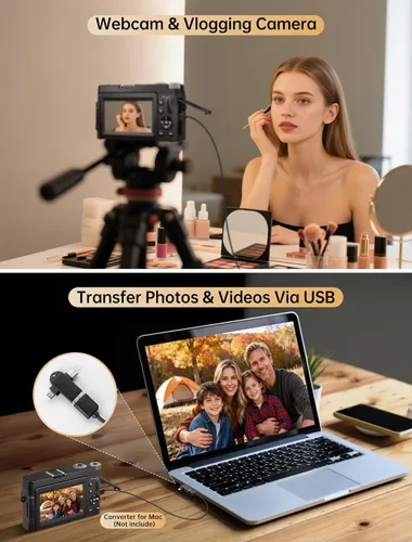 Miniatura 13 de Cámara digital 4K para fotografía, cámara de vlogging WiFi de 64MP con enfoque automático para YouTube con pantalla giratoria de 3'' 180°, cámara