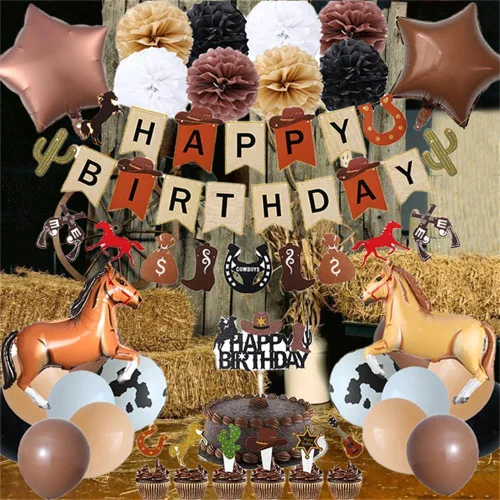 Miniatura 6 de Decoraciones de fiesta de cumpleaños de vaquero occidental, suministros de fiesta temática retro de caballo rodeo vaquero para niños, incluye
