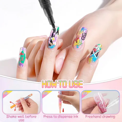 Miniatura 7 de Juego de bolígrafos de arte de uñas de 12 colores, bolígrafos de esmalte de uñas 3D, bolígrafos de arte de uñas para puntear, dibujar, pintura