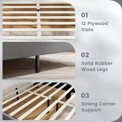 Miniatura 6 de KOMFOTT Base de cama tapizada tamaño Queen con cabecera con respaldo de ala, plataforma moderna con soporte de listones de madera, base de colchón