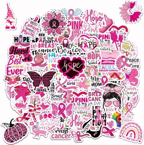 MARFOREVER 200 piezas de calcomanías de conciencia del cáncer de mama, calcomanías de cinta rosa para mujeres y niñas, calcomanías de vinilo