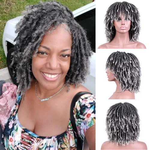 Miniatura 20 de Pelucas de rastas cortas de 6 pulgadas para mujeres y hombres negros con clips, pelucas trenzadas sintéticas con rizos postizos, rizos Afro, rizos