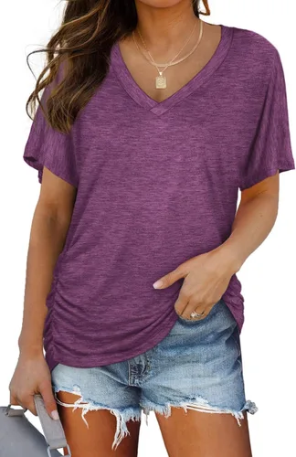 Miniatura 16 de WIHOLL - Camisetas de manga corta con cuello en V para mujer, holgadas, con fruncido lateral