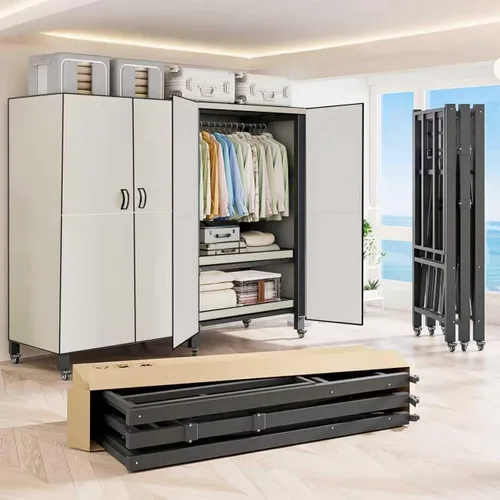 Miniatura 16 de Perchero cubierto resistente con puerta magnética, plegable, portátil, para colgar ropa, perchero de metal negro con ruedas (negro, 49.12 pulgadas)
