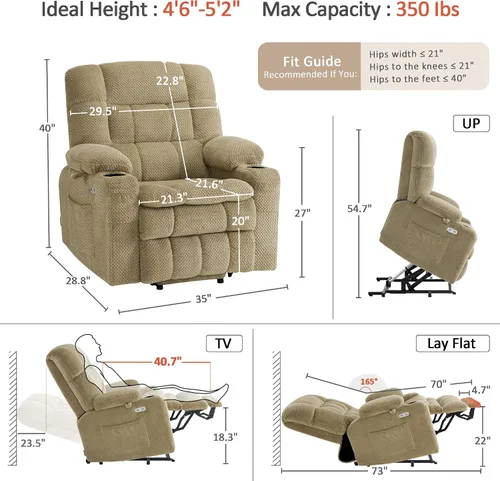 Miniatura 3 de MCombo 7893 - Silla reclinable pequeña de doble motor para ancianos pequeños, silla elevadora de gravedad cero con calor y masaje, posición Beige