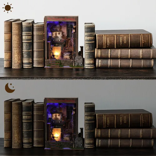 Miniatura 4 de Kit de rincón de libro, kit de casa de muñecas en miniatura 3D de madera para adultos, la cámara fantasma embrujada Booknook con luz LED