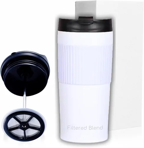 Miniatura 8 de Cafetera y tetera de prensa francesa aislada de acero inoxidable de doble pared de 15 onzas - Té portátil para acampar, taza de café y vaso (blanco)