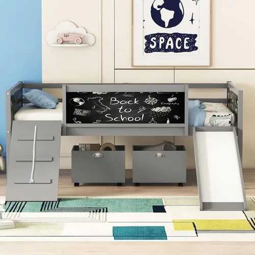 Miniatura 12 de CITYLIGHT Cama loft de madera para niños con tobogán, pizarra, tira de luz y techo, marco de cama de tamaño individual con barandillas de seguridad