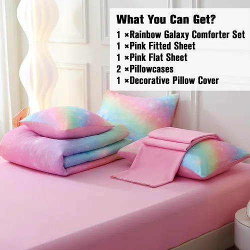 Miniatura 6 de JQinHome Juego de ropa de cama con purpurina, tamaño individual, ropa de cama de 6 piezas en una bolsa, juego de edredón 3D colorido arco iris