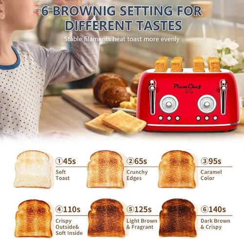 Miniatura 6 de Tostadora de ranura larga extra ancha de 4 rebanadas, bandeja extraíble para migas, 6 ajustes de tostado, funciones de bagel/descongelación, 1650 W