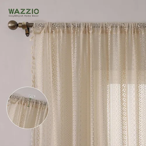 Miniatura 3 de WAZZIO Cortinas de Encaje, Cortina Boho de Crochet para Dormitorio, Cortinas de Café de Algodón, 45 Pulgadas de Largo, 2 Paneles con Bolsillo