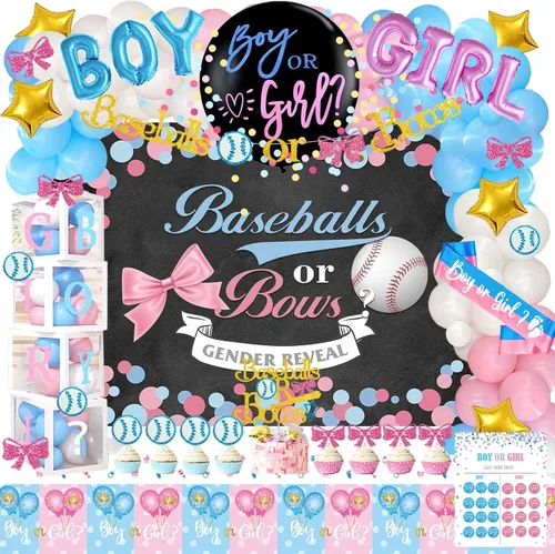Miniatura 13 de Hombae - 170 piezas de decoraciones para revelación de género “cajas de bebé”, con fondo, guirnalda de globos, pancarta, mantel