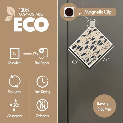 Miniatura 3 de Eulnars - Toallas de papel reutilizables, paquete de 8 paños de cocina suecos con 3 clips, negro y blanco, algodón, 200 lavados Negro Blanco