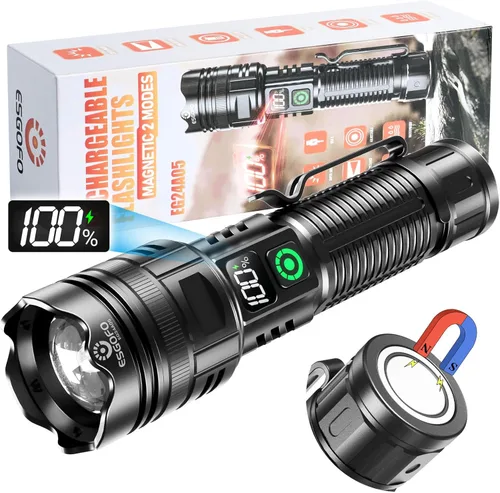 Esgofo Linternas recargables de alto lúmenes 10000 2 modos alto/bajo, linterna LED magnética superbrillante de larga distancia 3280 pies, potente