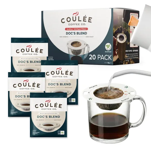 Miniatura 17 de Coulée EcoPour Coffee - Paquete variado de café para verter una sola porción, uso para acampar o viajar, compostable prellenado, todos los filtros