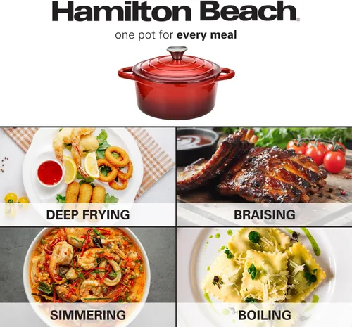 Miniatura 8 de Hamilton Beach Horno holandés de hierro fundido esmaltado de 3 cuartos de galón con tapa, olla resistente para estofar, asar y hornear, color rojo