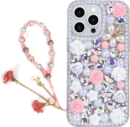 Miniatura 15 de para iPhone 14 Pro - Funda con Purpurina y Diamantes de Imitación, de Lujo, con Cristales Brillantes, Flores de Rosa, Perlas Florales, Pulseras