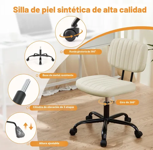 Miniatura 5 de Sweetcrispy Silla de Escritorio de Oficina Pequeña - Sin Brazos de Piel PU con Cómodo Soporte Lumbar, Altura Ajustable Giratoria con Ruedas