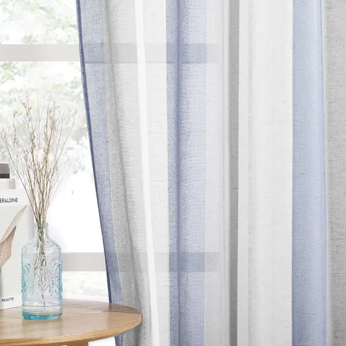 Miniatura 14 de NICETOWN Cortinas bohemias de lino transparente para sala de estar, cortinas semitransparentes de granja con patrón de rayas bohemias, cortinas Gris