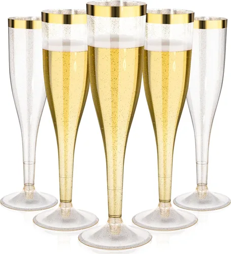 Miniatura 8 de Goodluck Paquete de 48 copas de champán de plástico con purpurina dorada de 6.5 onzas con borde dorado, vasos desechables de champán para brindis