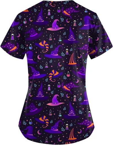 Miniatura 2 de Halloween Scrubs Print Scrub Tops for Women Breathable Pumpkin Bat Ghost Skull Pattern V-Neck Tee Tops with Pockets