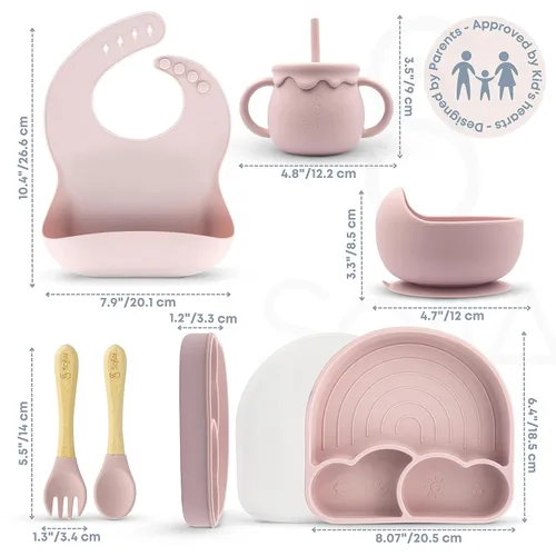 Miniatura 9 de Juego Completo de Alimentación de Silicona - Seguro para 6-12 Meses - Suministros de Destete con Luz LED para Bebés No Tóxicos - Utensilios de Rosa