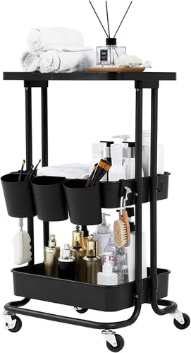Miniatura 11 de BEEY Carrito de almacenamiento plegable de metal con ruedas, sin montaje, cesta de mercado de alambre de metal, organizador de almacenamiento Negro
