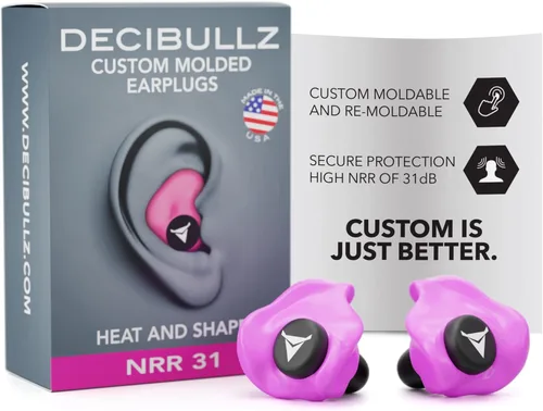 Decibullz - Tapones para oídos moldeables a medida, 31 dB NRR más alto, protección auditiva cómoda para disparar, viajar, trabajar y conciertos Rosa