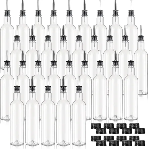 Paquete de 32 botellas de jarabe de 25 onzas, botella de plástico de cuello largo con acero inoxidable a prueba de fugas, vertedor y tapa de jugo de